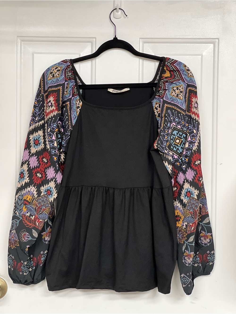 Haptics Charming Black Square Neck Border Print Bubble Sleeve Top